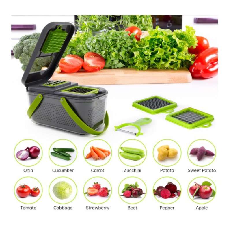 Razatoare Multifunctionala pentru fructe si legume, 22 piese, lame din otel inoxidabil, feliere, radere, taietor, maruntitor, separator ou, functie caserola, maner protectie