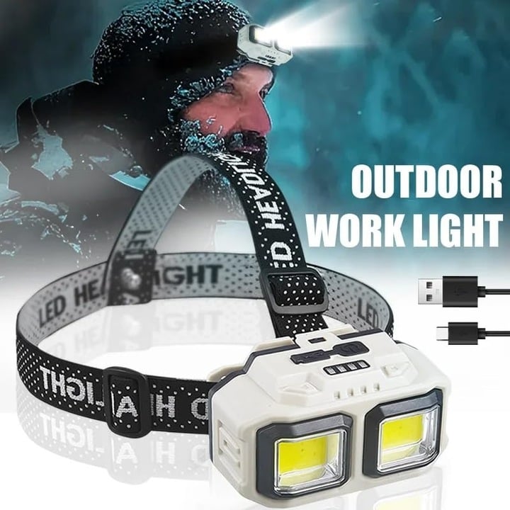 Rechargeable Headlamp with CREE and COB LED, 18650 Battery, Powerful Lighting, Waterproof, USB, Power Display, Multiple Modes, Ideal for Camping, Hiking, Fishing, Hunting