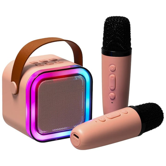 Set karaoke cu 2 microfoane și boxă portabilă, roz, 6W, iluminare LED, schimbare voce, baterii reîncărcabile