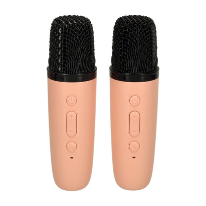 Set karaoke cu 2 microfoane și boxă portabilă, roz, 6W, iluminare LED, schimbare voce, baterii reîncărcabile