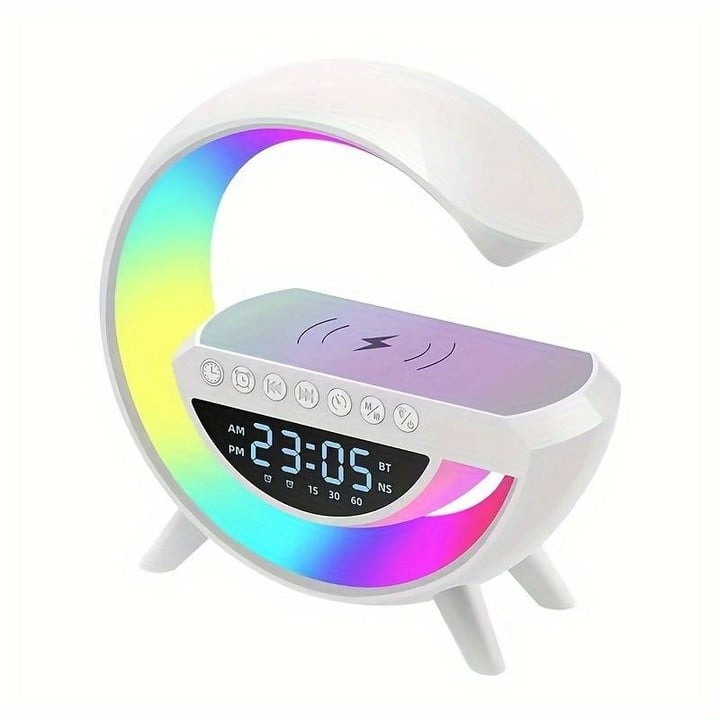 Boxă Bluetooth cu Incarcator Wireless 4 in 1, 15 W, Lampă Smart LED RGB, Radio FM, Slot microSD, Funcție AUX, Ceas Digital - Dispozitiv Multifuncțional, Design Modern, Alb