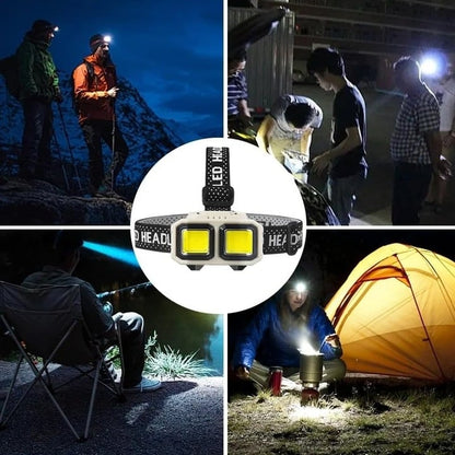 Rechargeable Headlamp with CREE and COB LED, 18650 Battery, Powerful Lighting, Waterproof, USB, Power Display, Multiple Modes, Ideal for Camping, Hiking, Fishing, Hunting