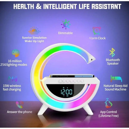 Boxă Bluetooth cu Incarcator Wireless 4 in 1, 15 W, Lampă Smart LED RGB, Radio FM, Slot microSD, Funcție AUX, Ceas Digital - Dispozitiv Multifuncțional, Design Modern, Alb
