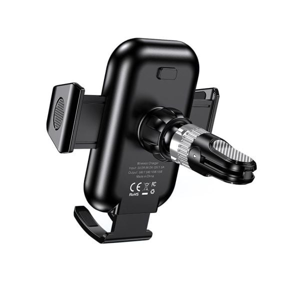 Suport universal Smartix pentru telefon mobil cu incarcare Wireless, 15W, Fixare dubla, 360°, Cleme laterale, AutoGravity, Negru