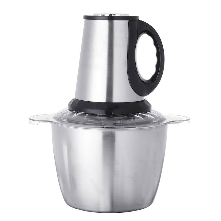 Tocator electric pentru carne si legume, 4 lame din otel inoxidabil de inalta calitate, Capacitate 2L, Recipient din Inox, Argintiu