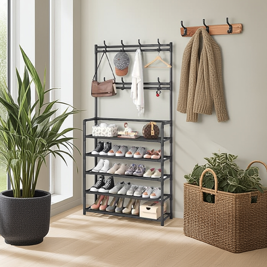 Cuier metalic cu 5 rafturi și 8 cârlige, multifuncțional, pentru haine, pantofi și genți, design modern, 168 cm, negru/alb